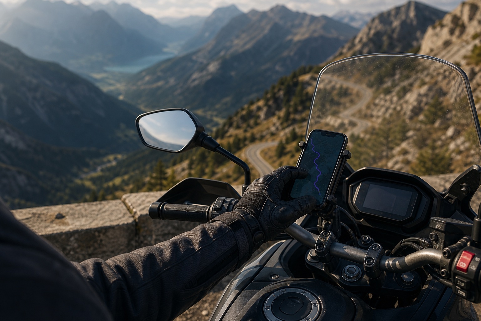 A rider safely checks a handlebar-mounted route while stopped at an Alpine overlook.